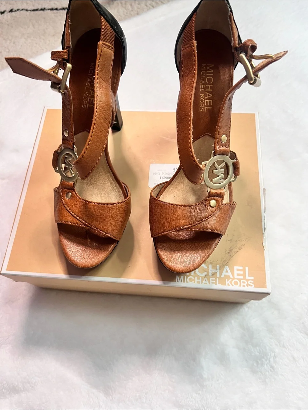 Michael Kors Tan Leather T-Strap Logo Heels